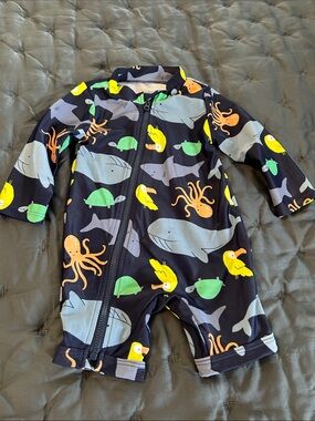 Kids Navy Ocean Animal Zip-Front Rashguard Suit - Yellow & Green Print